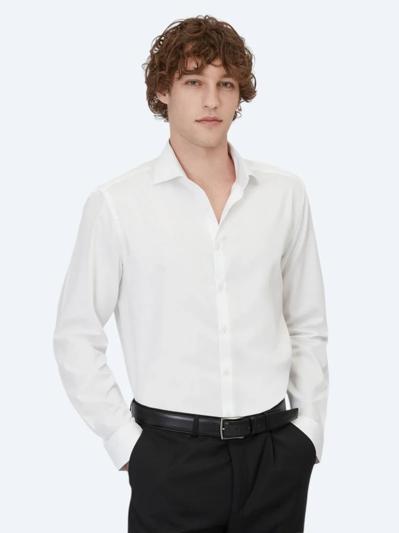 Kip White Plain Regular Fit Long Weaving Classical 100% Cotton Shirt