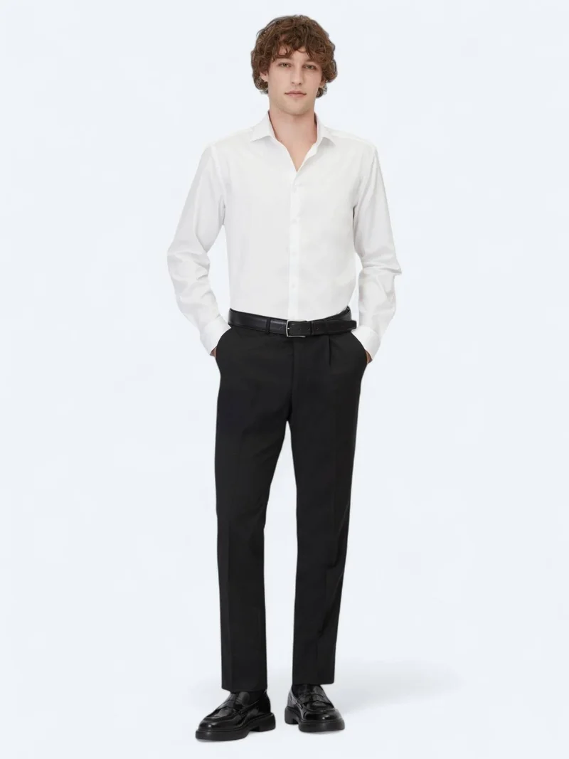 Kip White Plain Regular Fit Long Weaving Classical 100% Cotton Shirt
