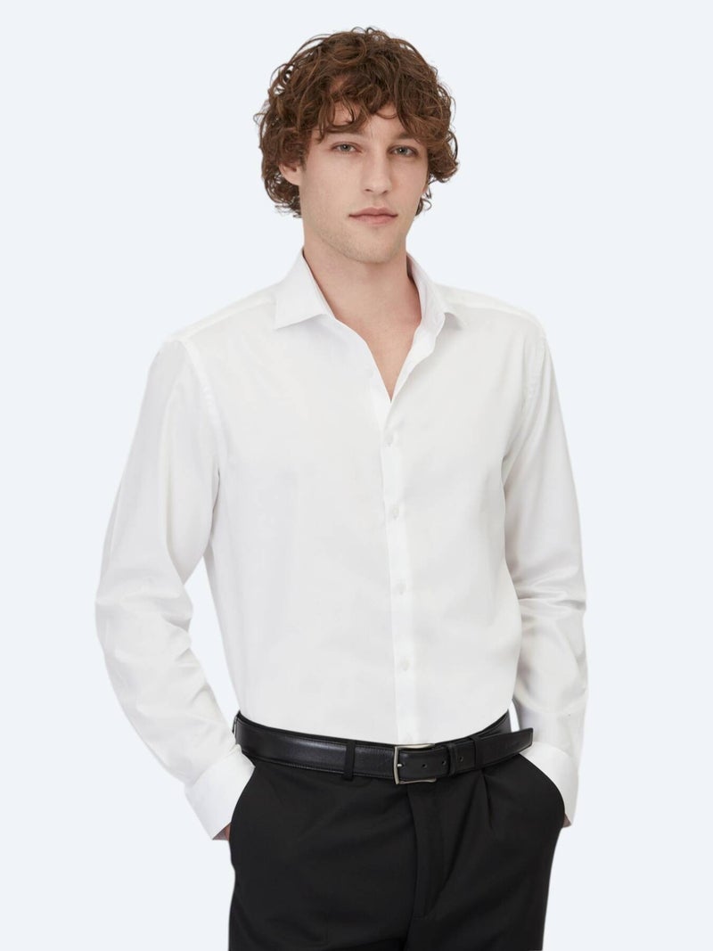 Kip White Plain Regular Fit Long Weaving Classical 100% Cotton Shirt - Image 1