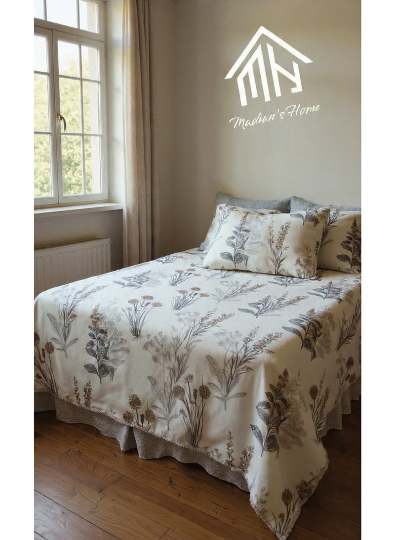 غطاء سرير بأشكال ورد أنيق وملون لتزيين غرفة النوم 4 قطع – ملاية 260×240 سم + مخدة طويلة 185×43 سم + 2 كيس مخدة 50×70 سم – قماش ناعم ومتِين