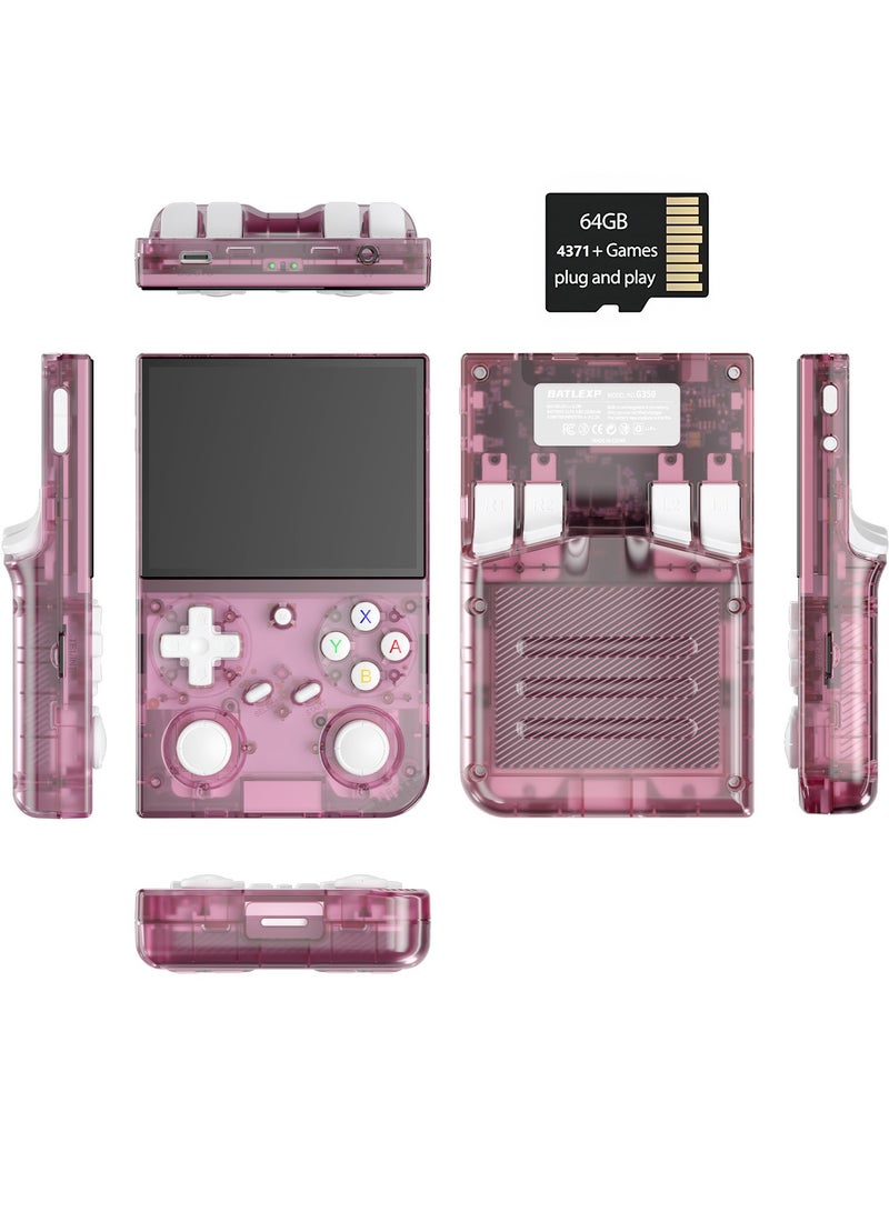 Beauenty G350 Retro Handheld Game Console, 3.5 IPS Screen Linux System with Built-in 64G TF Card 4371 Game Preloaded Game Console 3200mAh Battery (Clear Pink) - Image 1