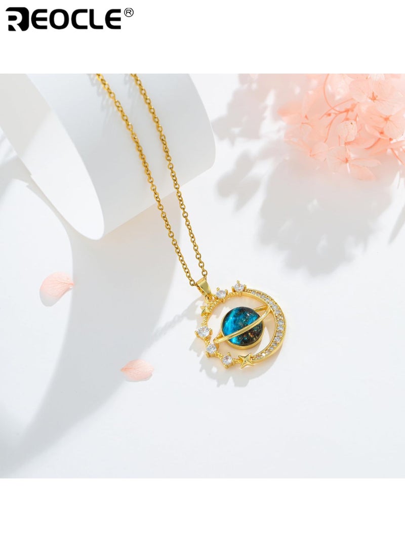 ريوكل قلادتان نسائيتان بتصميم قمر فضائي ومرصع بأحجار الراين من الفولاذ المقاوم للصدأ مع طلاء متين للارتداء اليومي في الحفلات - Image 2