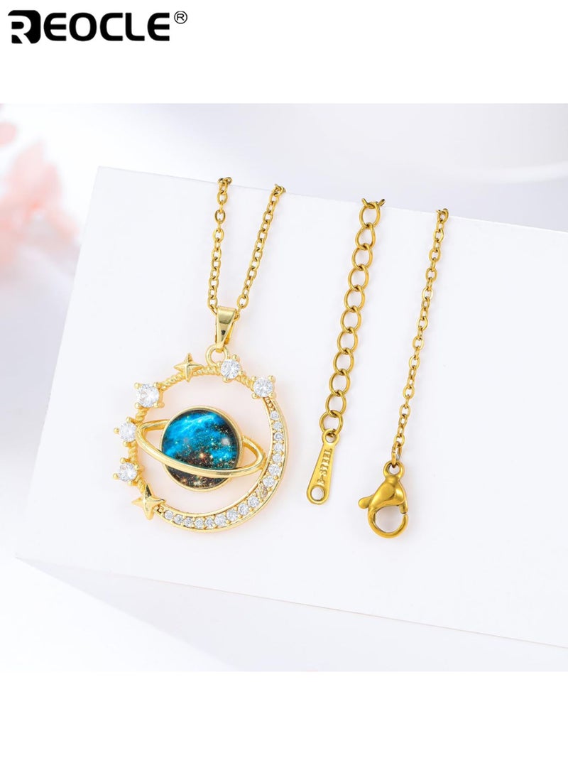ريوكل قلادتان نسائيتان بتصميم قمر فضائي ومرصع بأحجار الراين من الفولاذ المقاوم للصدأ مع طلاء متين للارتداء اليومي في الحفلات - Image 3