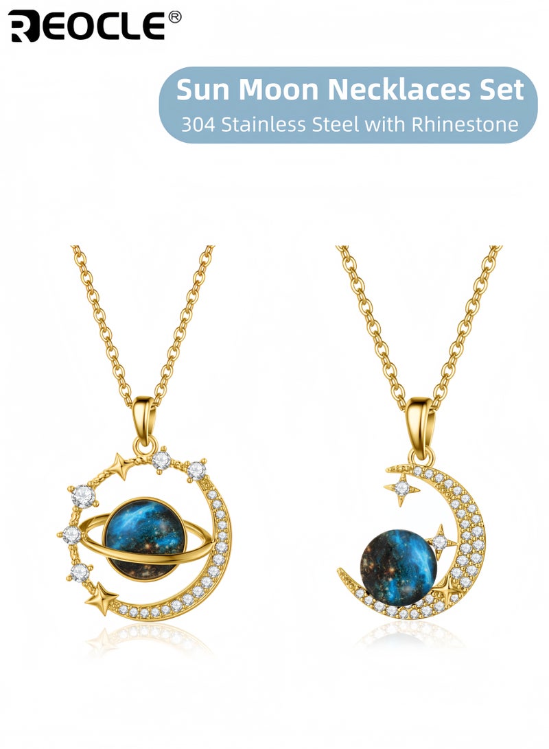 ريوكل قلادتان نسائيتان بتصميم قمر فضائي ومرصع بأحجار الراين من الفولاذ المقاوم للصدأ مع طلاء متين للارتداء اليومي في الحفلات - Image 1