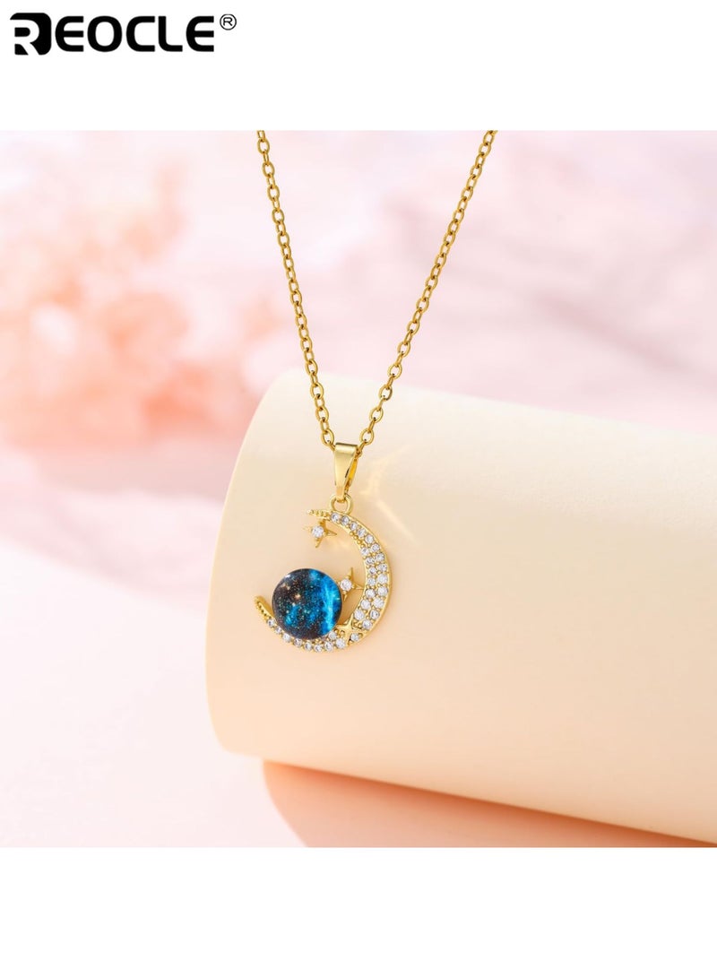ريوكل قلادتان نسائيتان بتصميم قمر فضائي ومرصع بأحجار الراين من الفولاذ المقاوم للصدأ مع طلاء متين للارتداء اليومي في الحفلات - Image 4