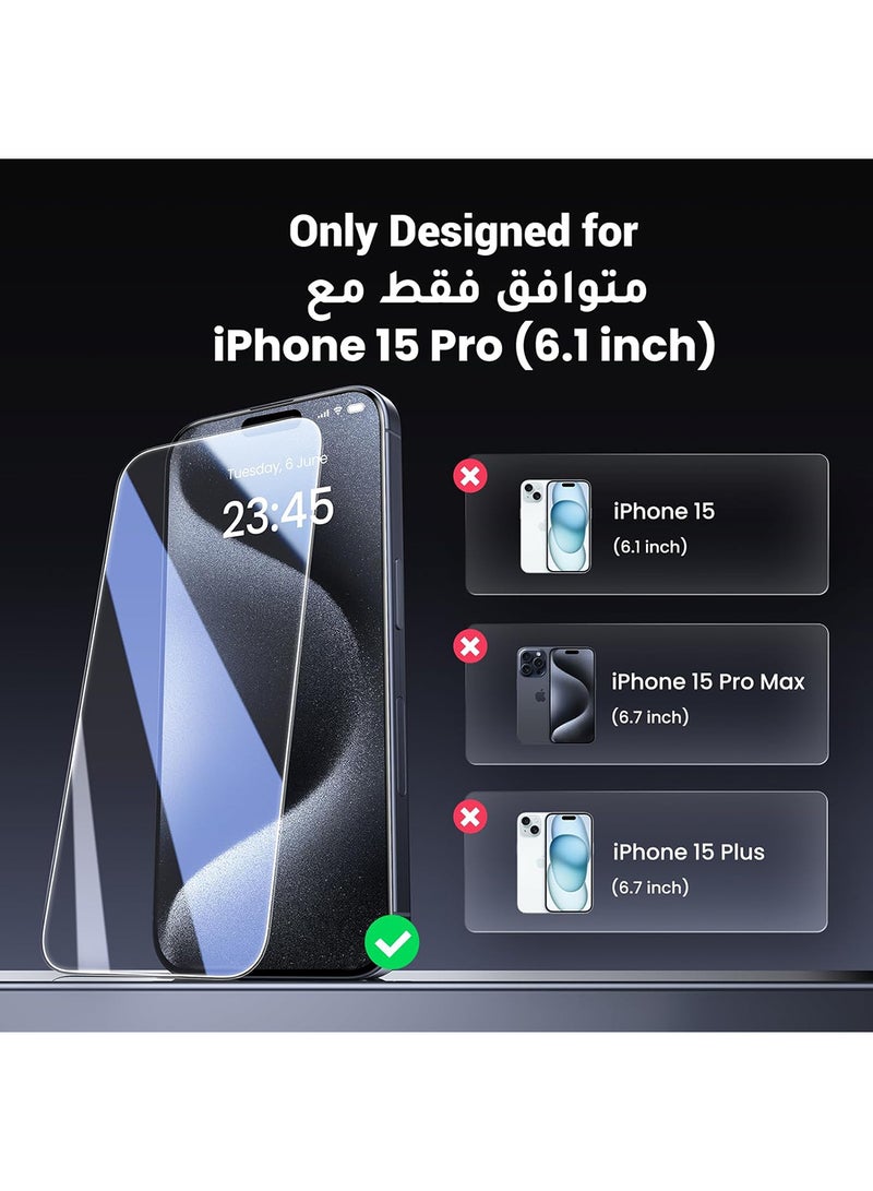 يو جرين واقي شاشة آيفون 15 برو 6.1" HD واضح، إطار سهل التركيب، حماية من الدرجة العسكرية، مقاوم للخدش، مضاد لبصمات الأصابع، خالي من الفقاعات، طبقة من الزجاج المقوى 9H- 2 حزمة - Image 5