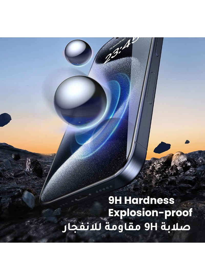 يو جرين واقي شاشة آيفون 15 برو 6.1" HD واضح، إطار سهل التركيب، حماية من الدرجة العسكرية، مقاوم للخدش، مضاد لبصمات الأصابع، خالي من الفقاعات، طبقة من الزجاج المقوى 9H- 2 حزمة - Image 3