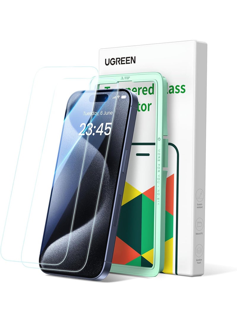 يو جرين واقي شاشة آيفون 15 برو 6.1" HD واضح، إطار سهل التركيب، حماية من الدرجة العسكرية، مقاوم للخدش، مضاد لبصمات الأصابع، خالي من الفقاعات، طبقة من الزجاج المقوى 9H- 2 حزمة - Image 1