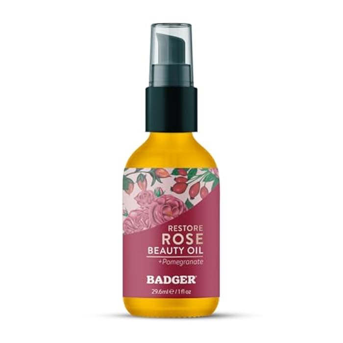 Badger Rose Face Oil, 100% Organic Face Moisturizer, Nourishing & Soothing Organic Jojoba Oil & Rose Oil, Vegan Antioxidant Rich Moisturizing Facial Oil, 1 fl oz Glass Bottle - Image 1