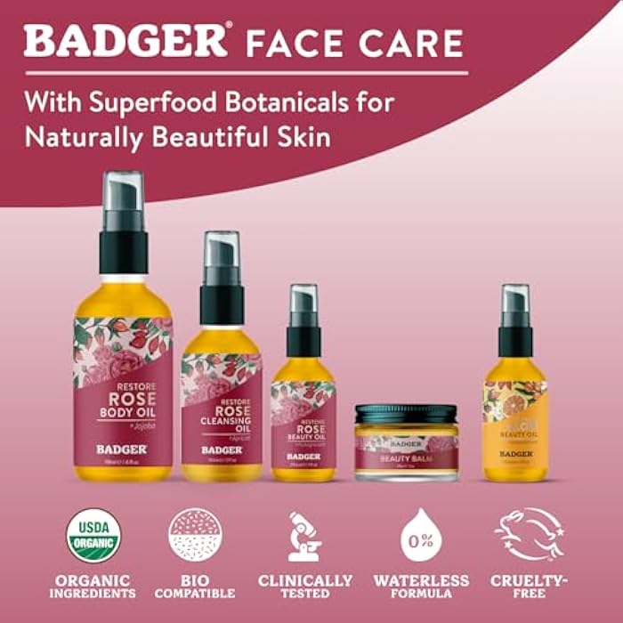 Badger Rose Face Oil, 100% Organic Face Moisturizer, Nourishing & Soothing Organic Jojoba Oil & Rose Oil, Vegan Antioxidant Rich Moisturizing Facial Oil, 1 fl oz Glass Bottle - Image 4