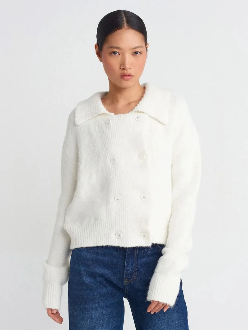 ديلفين Dilvin Ribbed Polo-collar Button Cardigan
