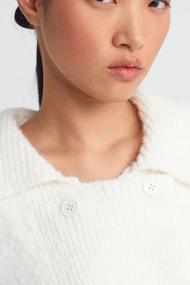 Dilvin Dusty White DILVIN Ribbed Polo-collar Button Cardigan for Women | Best Price UAE