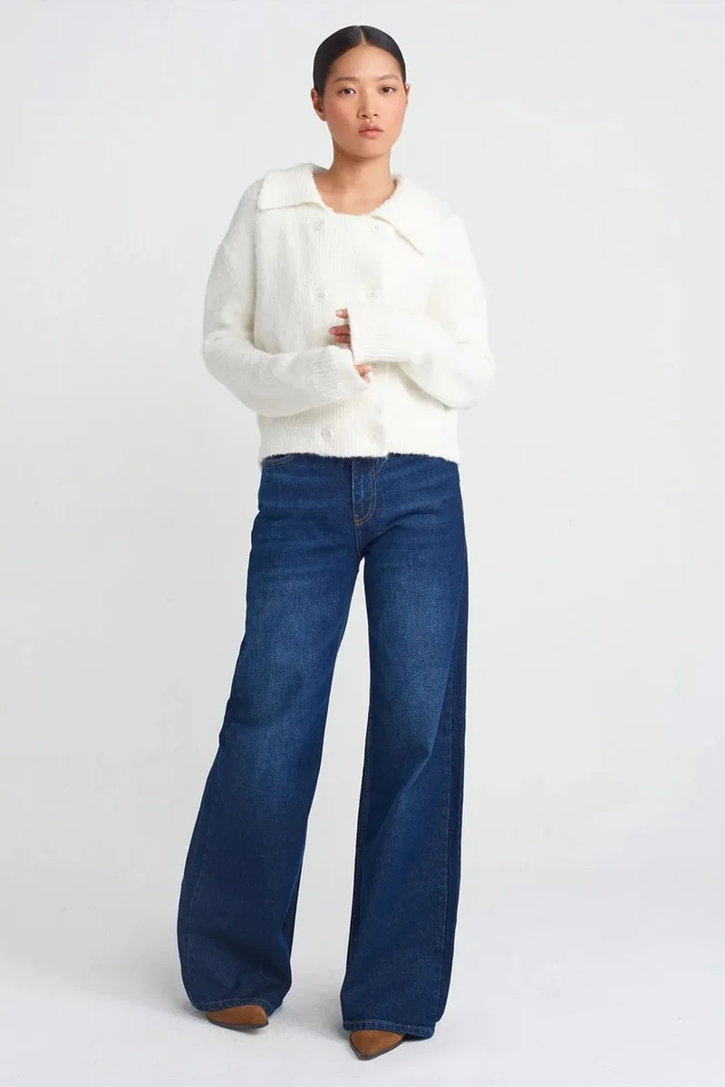 Dilvin Dusty White DILVIN Ribbed Polo-collar Button Cardigan for Women | Best Price UAE