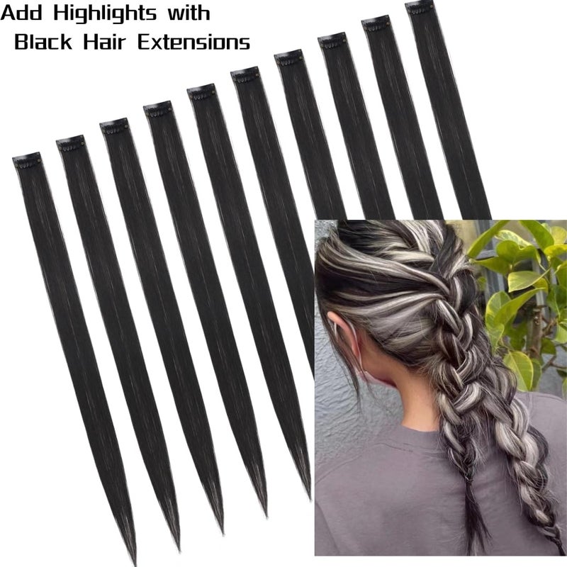 RINBOOOL Black Hair Extensions Clip in for Kids Girls, 10 Pieces 22 Inch Long Straight Colored Streak Synthetic Accessories Hairpiece Clip ins, Play Party Highlights - Image 2