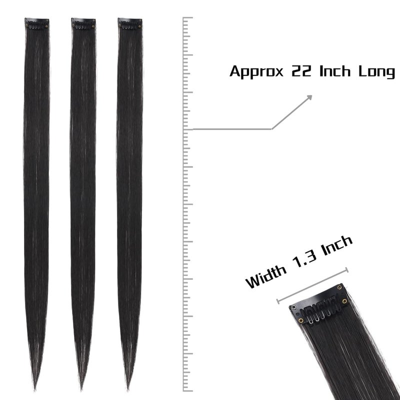 RINBOOOL Black Hair Extensions Clip in for Kids Girls, 10 Pieces 22 Inch Long Straight Colored Streak Synthetic Accessories Hairpiece Clip ins, Play Party Highlights - Image 3