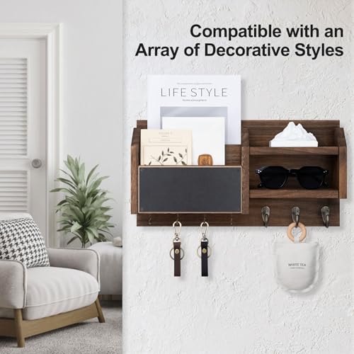 Lwenki Mail and Key Holder Wall Mount Key Hanger with Shelf and 7 Metal Hooks Decorative Natural Paulownia Wood Entryway Organizer with Mounting Hardware 165W x 87H x 35D Brown - Image 3