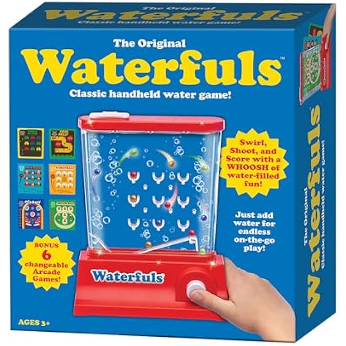 THE ORIGINAL WATERFULS CLASSIC HANDHELD WATER GAME, RETRO VINTAGE GAMES, 6 INTERCHANGEABLE PANELS, HANDHELD GAMES FOR 3 YEAR OLDS, PRESCHOOL GAMES, KIDS GAMES 4, 5, 6, 7, 8, WATER TOY AGES 3+ - Image 1