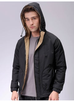 The Indian Garage Co Mens Black Slim Fit Plain Hooded Zipper Placket Side Pocket Winter Jacket  - Image 1