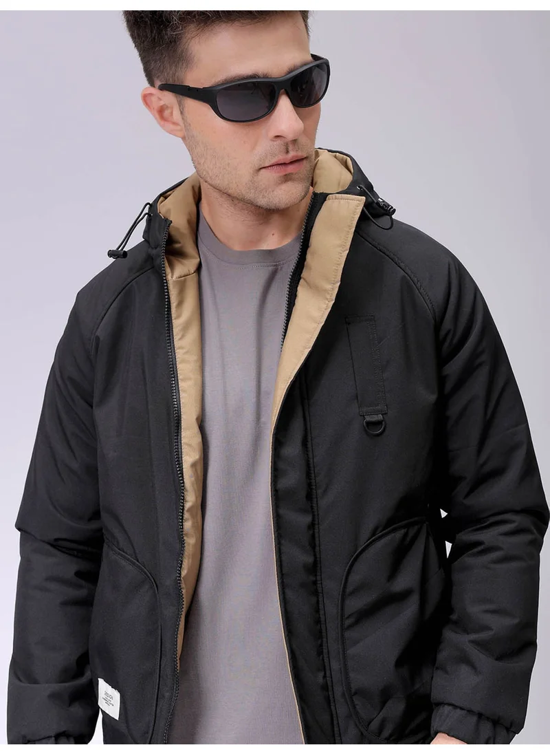 شركة المرآب الهندية Mens Black Slim Fit Plain Hooded Zipper Placket Side Pocket Winter Jacket