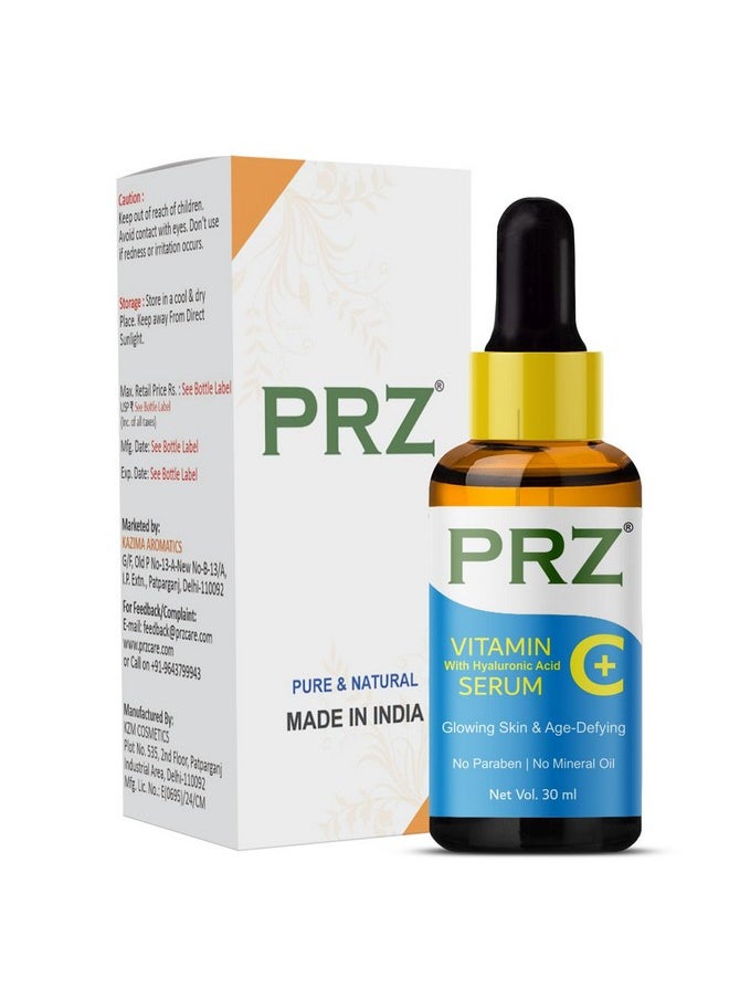 PRZ Vitamin C Serum (30Ml) With Hyaluronic Acid, Glowing Skin & Age-Defying, Fairness Brightening Vitamin C Super Strength (No Paraben | No Mineral Oil) 