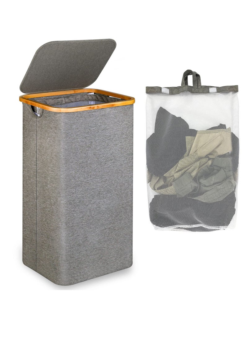 Large 100L Laundry Hamper with Lid & Bamboo Handles - Collapsible Storage Basket for Clothes, Toys, Blankets & Towels - Ideal for Bedroom & Bathroom, Grey - Image 1