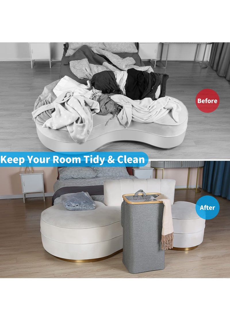 Large 100L Laundry Hamper with Lid & Bamboo Handles - Collapsible Storage Basket for Clothes, Toys, Blankets & Towels - Ideal for Bedroom & Bathroom, Grey - Image 2