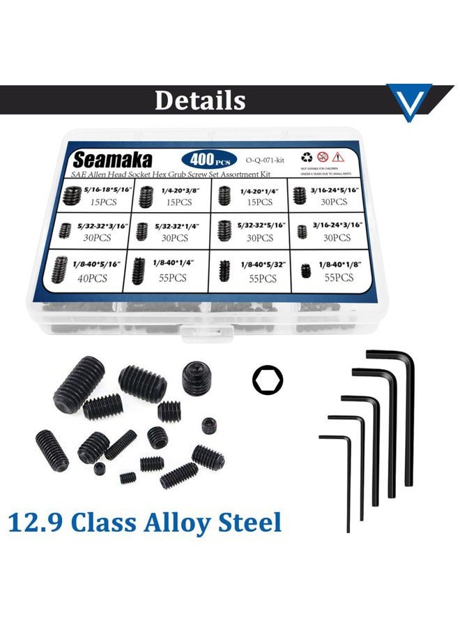 Seamaka 400Pcs 1/8-40 to 5/16-18 Internal Hex Allen Head Socket Set Screw (Black),12 Size 12.9 Class Alloy Steel Grub Screw Assortment Kit with 5 Hex Wrenches for for Door Handles, Light Fixture - Image 4