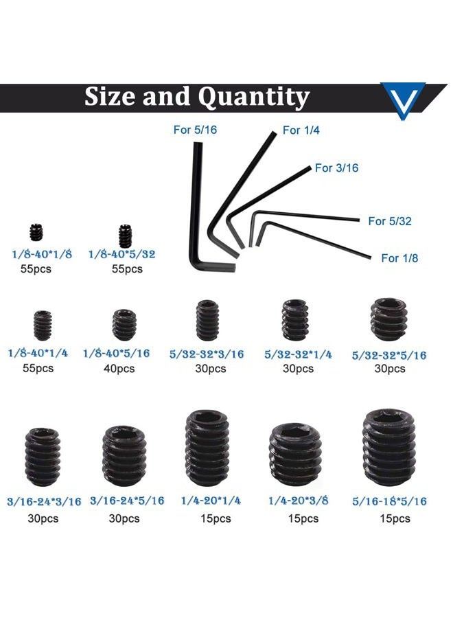 Seamaka 400Pcs 1/8-40 to 5/16-18 Internal Hex Allen Head Socket Set Screw (Black),12 Size 12.9 Class Alloy Steel Grub Screw Assortment Kit with 5 Hex Wrenches for for Door Handles, Light Fixture - Image 2
