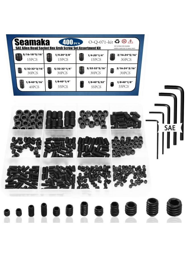 Seamaka 400Pcs 1/8-40 to 5/16-18 Internal Hex Allen Head Socket Set Screw (Black),12 Size 12.9 Class Alloy Steel Grub Screw Assortment Kit with 5 Hex Wrenches for for Door Handles, Light Fixture - Image 1