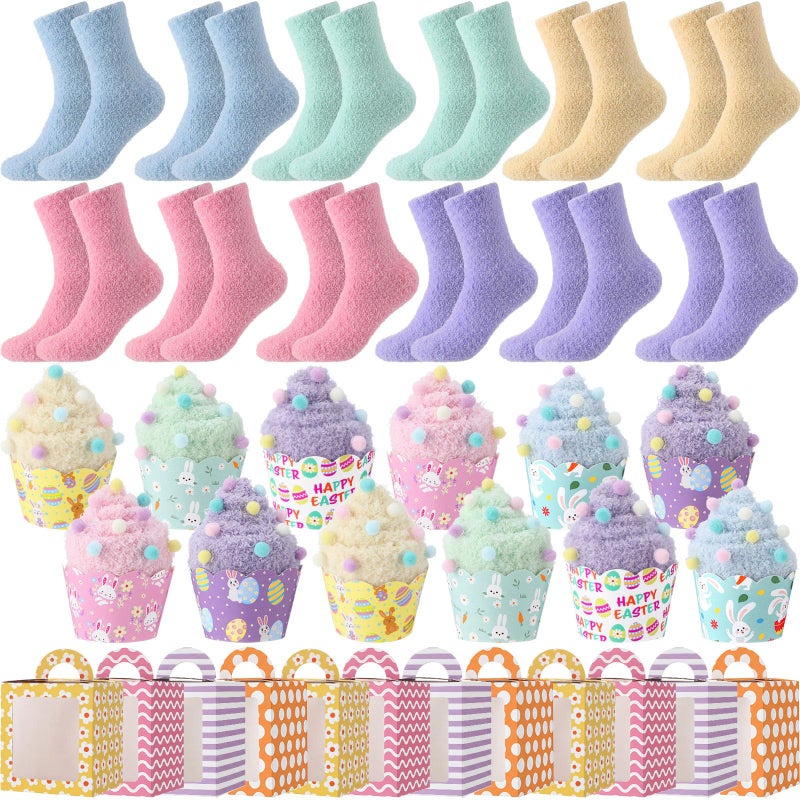 Foaincore 12 Pair Easter Cupcake Sock for Women Pastel Fuzzy Sock Bulk Plush Fluffy Cozy Slipper with Gift Box for HerEaster Pastel - Image 2