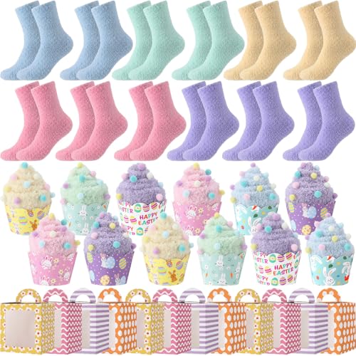 Foaincore 12 Pair Easter Cupcake Sock for Women Pastel Fuzzy Sock Bulk Plush Fluffy Cozy Slipper with Gift Box for HerEaster Pastel - Image 1