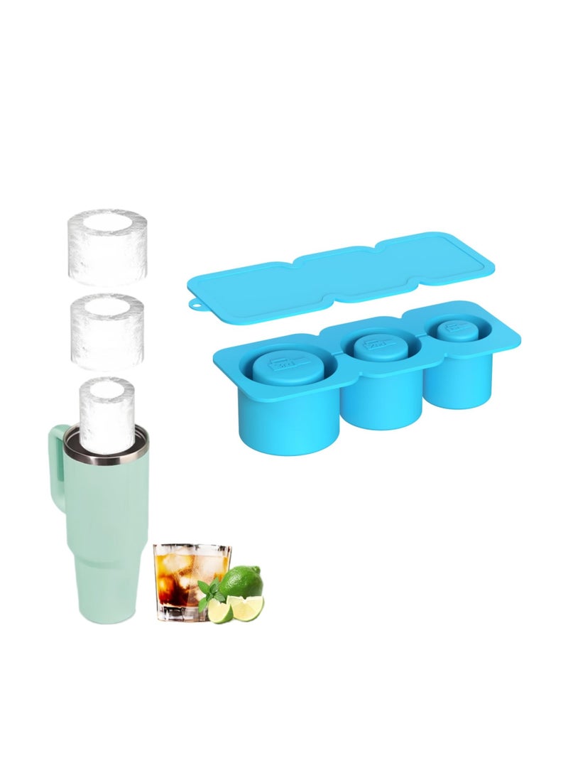 KASTWAVE Ice Cube Tray for Stanley Cup, Silicone Ice Cube Mold with Spill-Resistant Lid, 3 Hollow Cylinder Ice Cube Molds for 20-40 oz Tumblers, BPA Free, Ice Cube Trays for Freezer Drinks Whiskey, Blue - Image 1