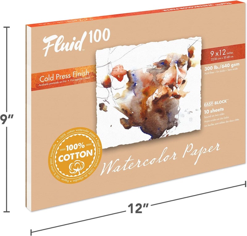 Speedball Fluid 100 Artist Watercolor Block, 300 lb (640 GSM) 100% Cotton Cold Press Pad for Watercolor Painting and Wet Media w/Easy Block Binding, 9 x 12 inches, 10 Sheets - Image 2