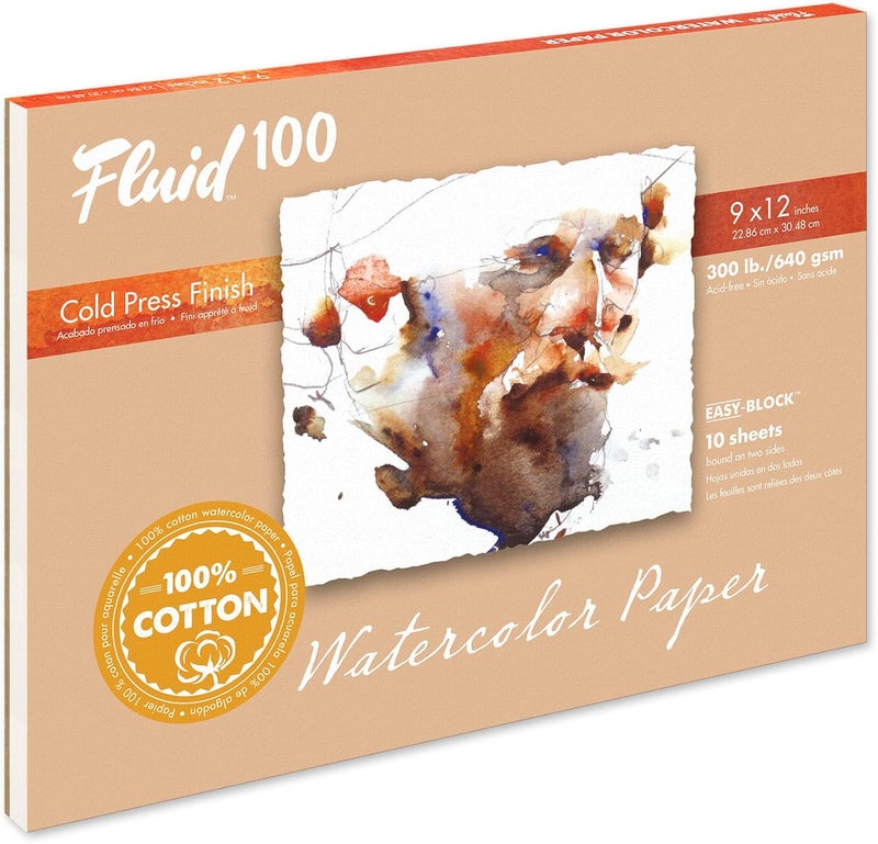 Speedball Fluid 100 Artist Watercolor Block, 300 lb (640 GSM) 100% Cotton Cold Press Pad for Watercolor Painting and Wet Media w/Easy Block Binding, 9 x 12 inches, 10 Sheets - Image 1