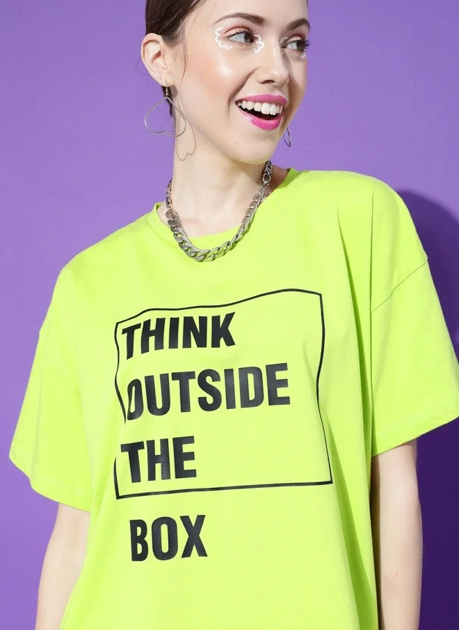 STREET 9 Lime Green Typography Printed Oversized T-Shirt for Women