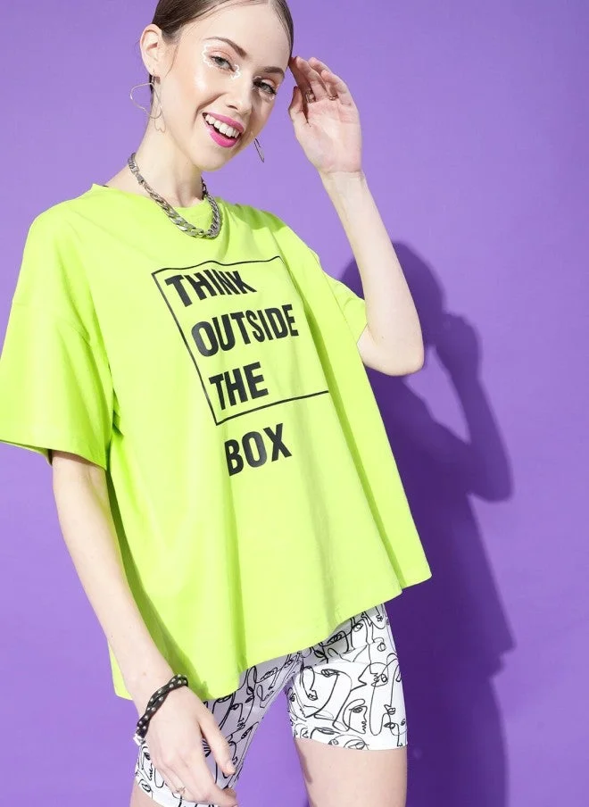 STREET 9 Lime Green Typography Printed Oversized T-Shirt for Women