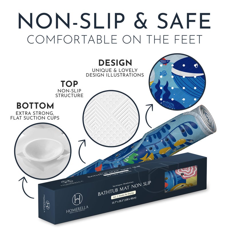 Homerella Bath Tub Mat Non Slip Anti Mold for Kids BPA Free INCL Hooks - homerellaÂ® Ocean Sea Animals 40x16, Baby Bath Mat Non Slip 200 Suction Cups, Non Toxic Machine Washable Toddler Bath Mat, EU Certified - Image 4