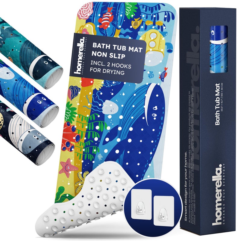 Homerella Bath Tub Mat Non Slip Anti Mold for Kids BPA Free INCL Hooks - homerellaÂ® Ocean Sea Animals 40x16, Baby Bath Mat Non Slip 200 Suction Cups, Non Toxic Machine Washable Toddler Bath Mat, EU Certified - Image 1