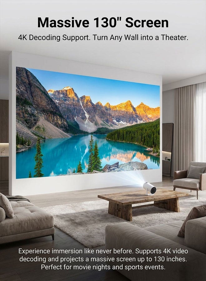 Smart Portable Projector with WiFi 6 & Android 11.0, 180° Rotatable Stand, Supports 4K Decoding, Native 720P, 130" Mini Home Cinema Projector for Phone/Movies/Gaming - White - Image 2