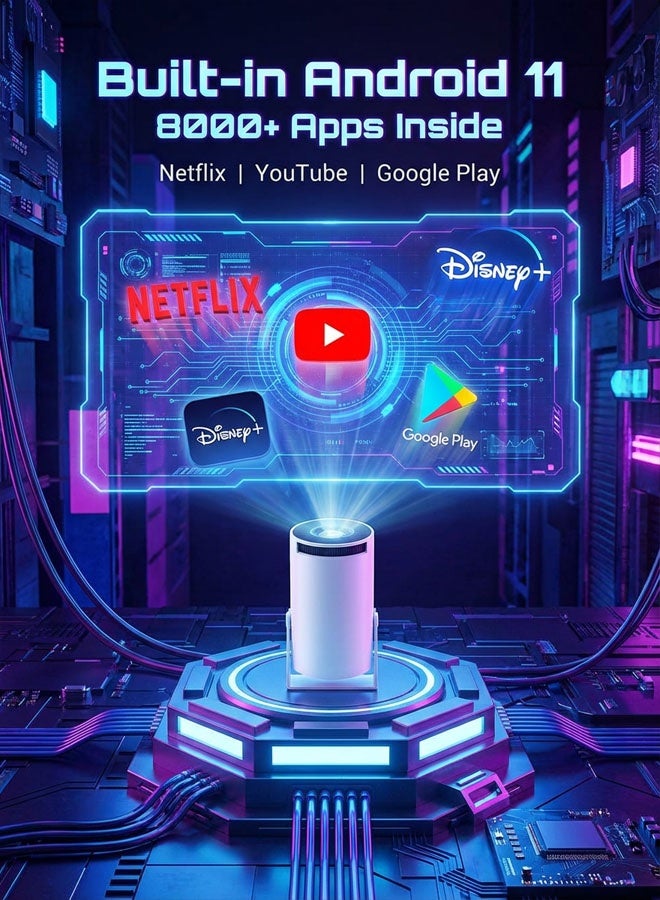 Smart Portable Projector with WiFi 6 & Android 11.0, 180° Rotatable Stand, Supports 4K Decoding, Native 720P, 130" Mini Home Cinema Projector for Phone/Movies/Gaming - White - Image 1