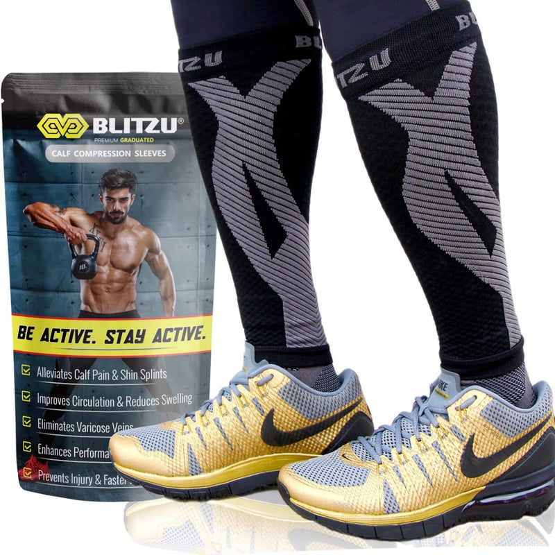 BLITZU أكمام ضغط الساق من BLITZU للرجال والنساء. جوارب ضغط بدون قدم لدعم الدوالي، الرضاعة، والجري. دعامة للساق لعلاج آلام الساق، تخفيف الألم وتقليل التورم باللون الأسود L-XL - Image 1