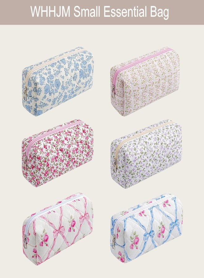 WHHJM Cute Floral Makeup Brush Bag Small Cotton Quilted Cosmetic Bag for Women Travel Toiletry Zipper Make Up Pouch (Blue Floral) - Image 5
