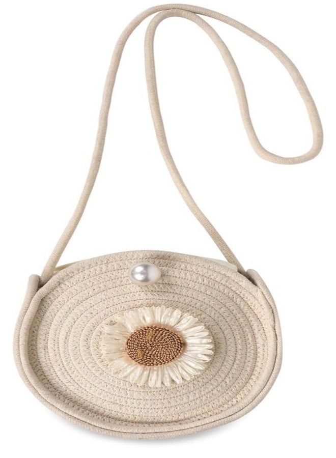 DYARCHY Women Round Sling Bag | Handmade Braided Rope Crossbody Bag | Floral Design Compact Shoulder Bag with Velcro Closure | Casual Travel Sling Purse for Girls & Women (Ivory) - Image 2