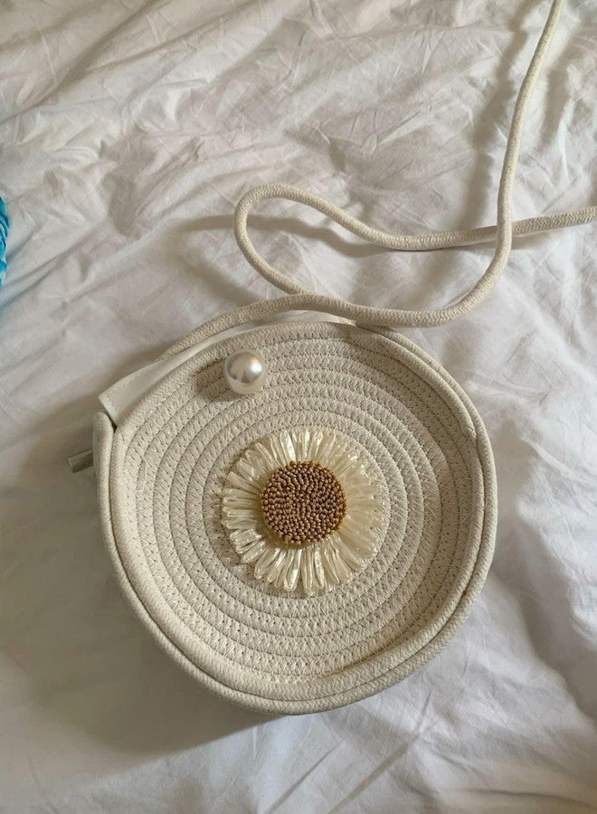 DYARCHY Women Round Sling Bag | Handmade Braided Rope Crossbody Bag | Floral Design Compact Shoulder Bag with Velcro Closure | Casual Travel Sling Purse for Girls & Women (Ivory) - Image 3