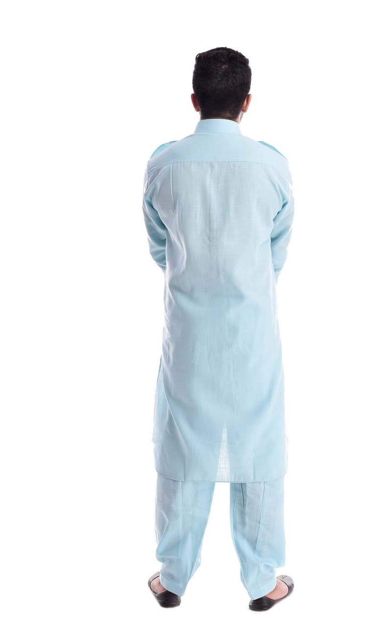 Royal Kurta Men's Solid Linen Pathani Suit Set (Blue; 40) - Image 2
