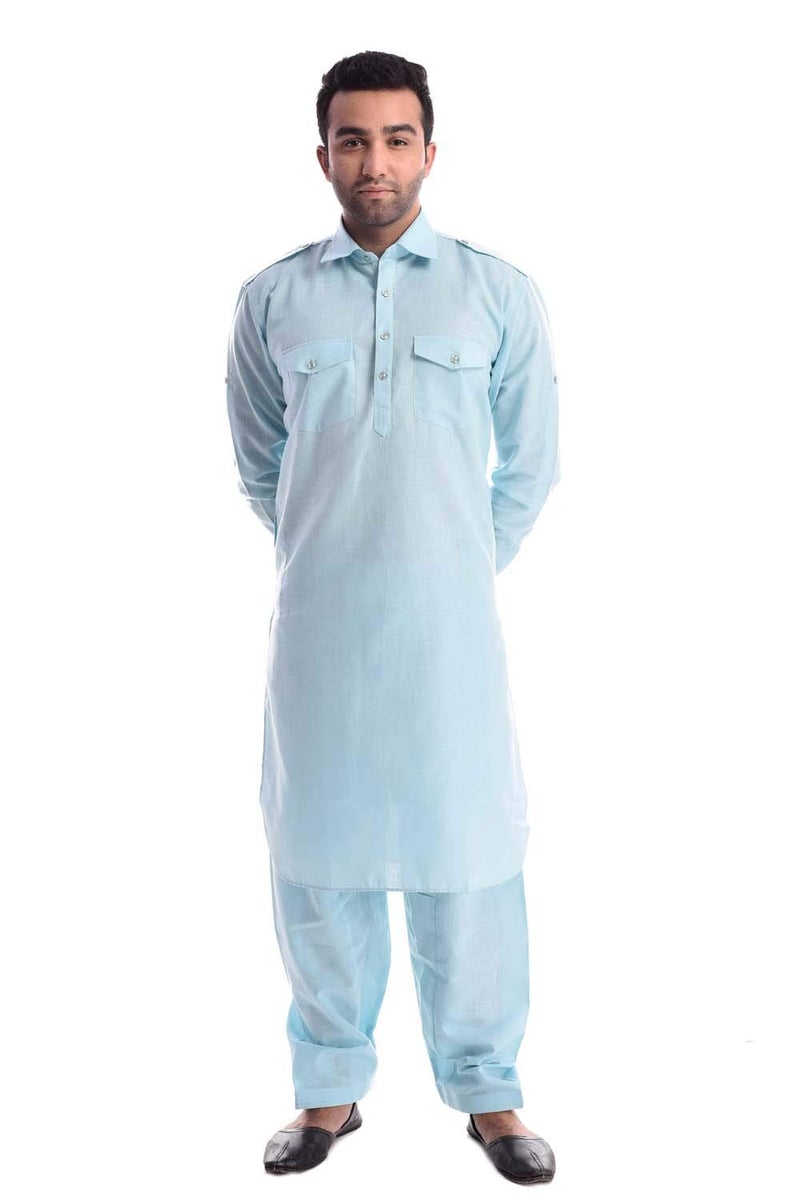 Royal Kurta Men's Solid Linen Pathani Suit Set (Blue; 40) - Image 5