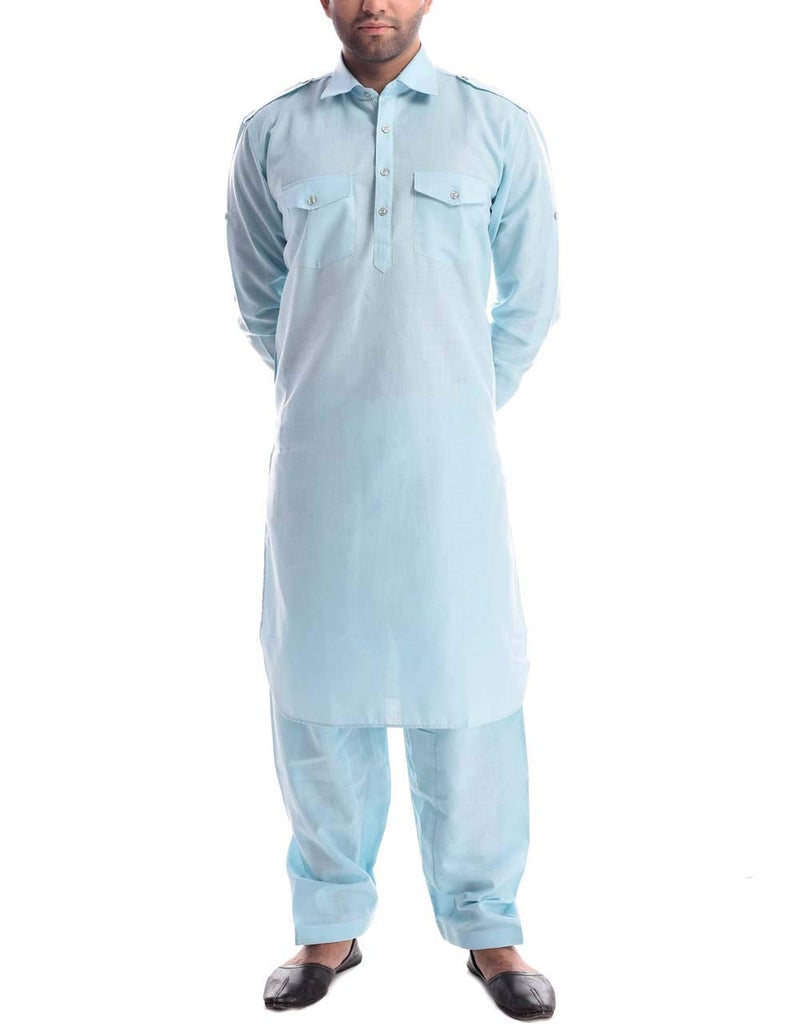 Royal Kurta Men's Solid Linen Pathani Suit Set (Blue; 40) - Image 1