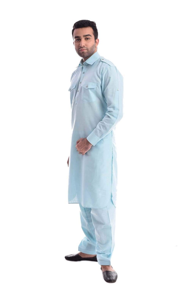 Royal Kurta Men's Solid Linen Pathani Suit Set (Blue; 40) - Image 3