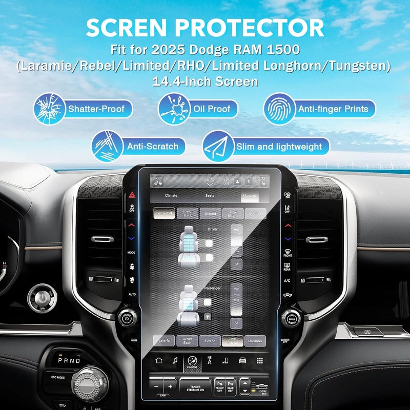 Karltys 【Upgrade 2 Pack Screen Protector for 【No Glare u0026 Fingerprint】 Tempered Glass Dodge Ram 1500 2500 3500 2025 2026 14.4-Inch for Models (Tungsten/Limited/RHO/Rebel/Laramie) - Image 2