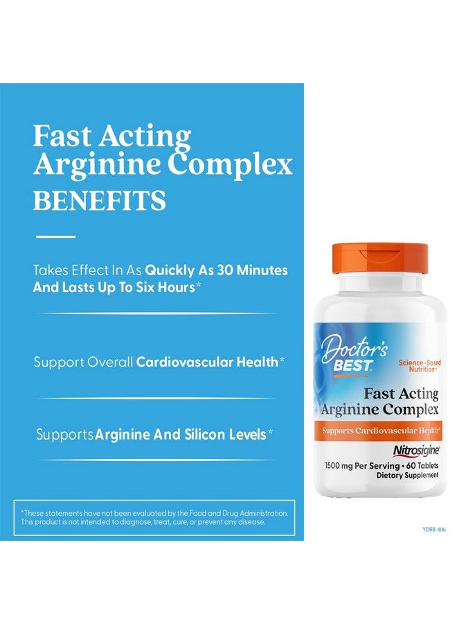 Doctor's Best Fast Acting Arginine Complex w/Nitrosigine, Boost Nitric Oxide, Blood Flow & Vessel Flexibility, Non-GMO, Vegan, Gluten Free, 750mg, White (DRB-00406), Tablet, 60 count - Image 1